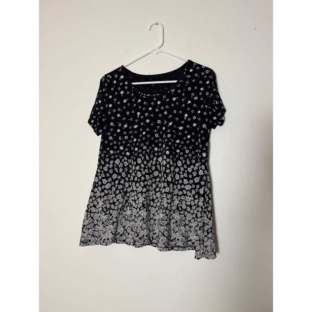 Black White Floral Peplum Top Women's Medium Rhinestone Collar Lined
